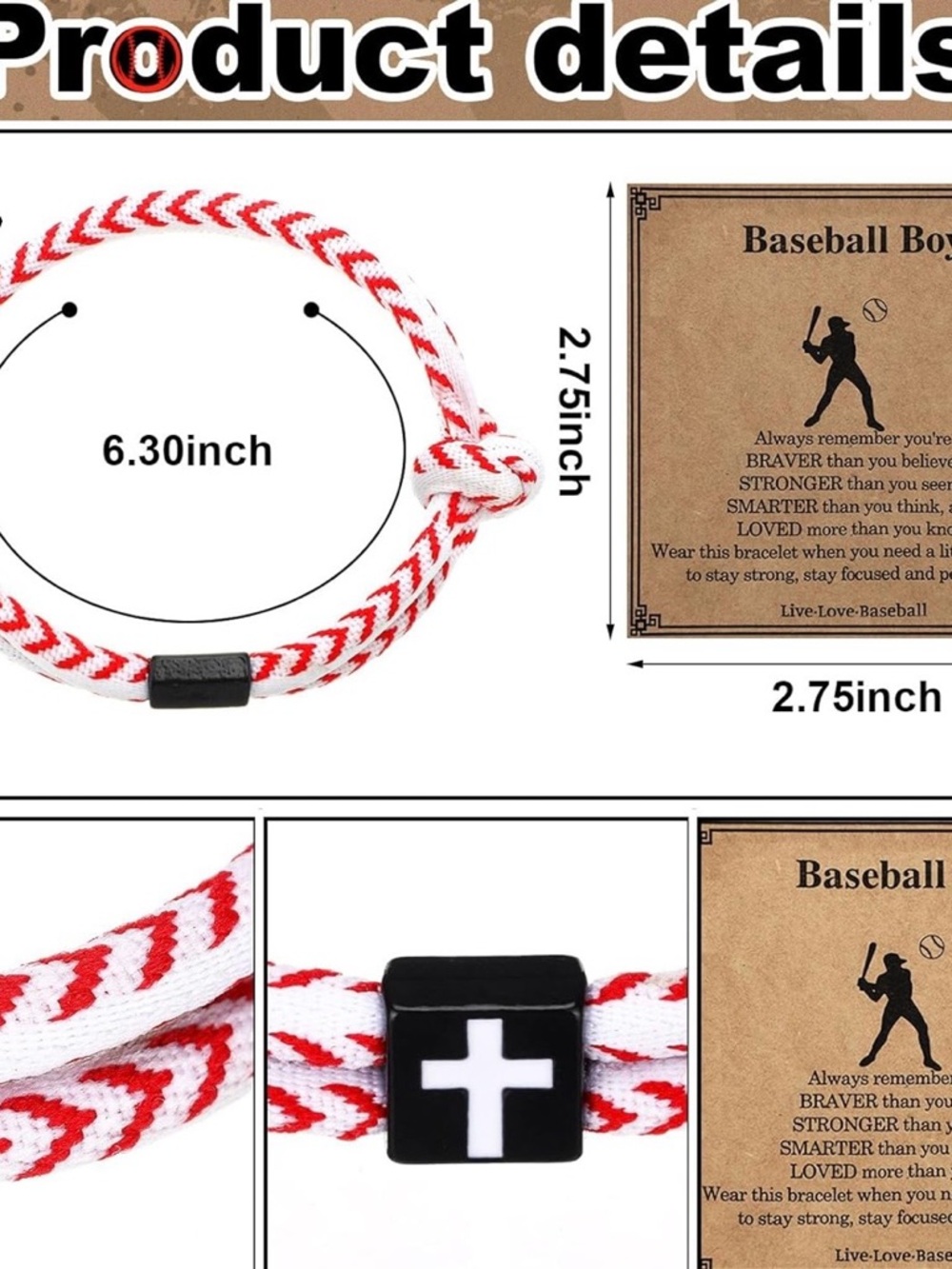 Baseball motivational bracelets Woven Cord Bracelet with Cross Accent pk of 6 - Picture 6 of 6